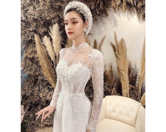 Vietnamese áo dài cưới For Wedding (áo dài cô dâu ren cao cấp ) Dress Wedding , Dress for women, Wedding dress,Dress White,ao dai wedding