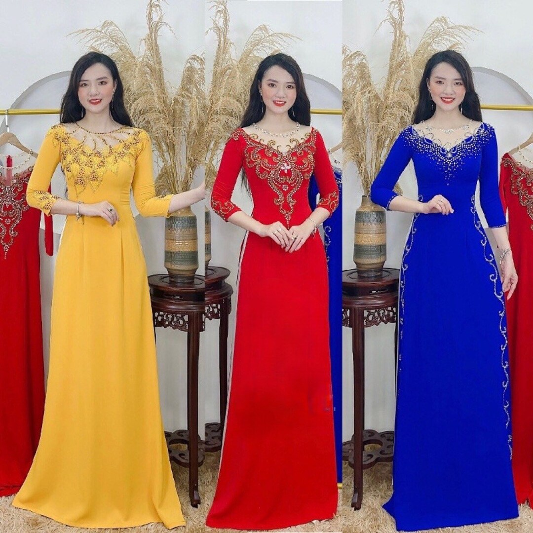 Vietnamese Silk Dress Ao Dai áo Dài Truyền Thống đính đá Ao Dai Wedding ...