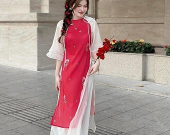 Préconfectionné : robe vietnamienne en soie Ao dai rouge (áo dài cách tân xinh ) mariage Ao dai, Ao Dai pour filles, Ao Dai pour femmes, Ao Dai Tet Viet Nam