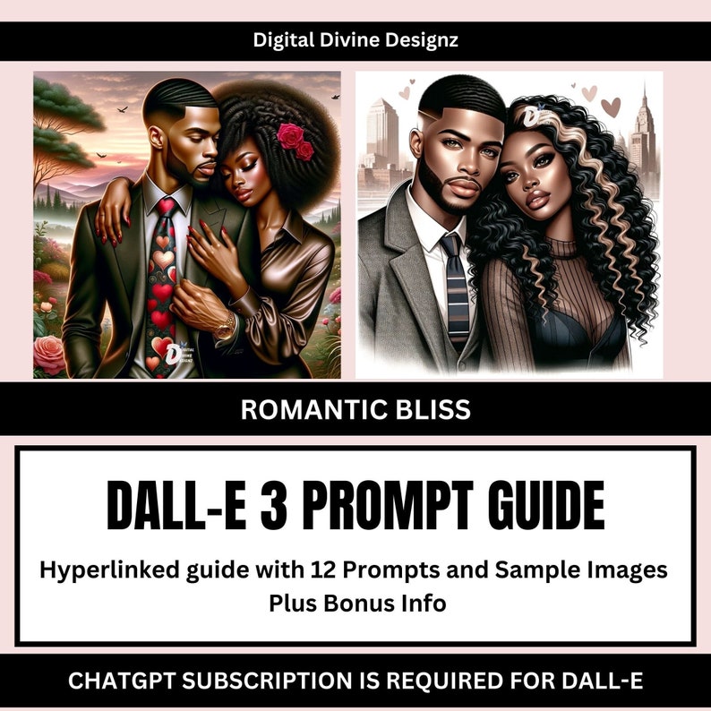 ChatGPT Dall-E3 Romantic Bliss Prompt Guide | PDF | 12 Sample Prompts | AI Prompt Guide | Black Love Prompts image 1