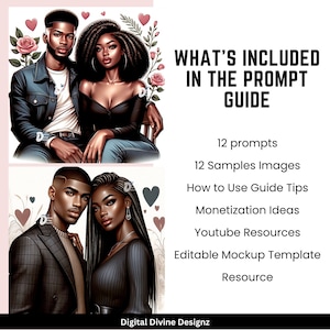 May include: A digital illustration of a couple, a man and a woman, with dark skin, wearing casual clothing. The image is set against a background of pink hearts and flowers. The text "WHAT'S INCLUDED IN THE PROMPT GUIDE" is displayed in white text on a black background.