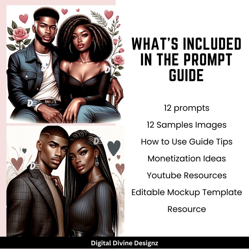May include: A digital illustration of a couple, a man and a woman, with dark skin, wearing casual clothing. The image is set against a background of pink hearts and flowers. The text "WHAT'S INCLUDED IN THE PROMPT GUIDE" is displayed in white text on a black background.