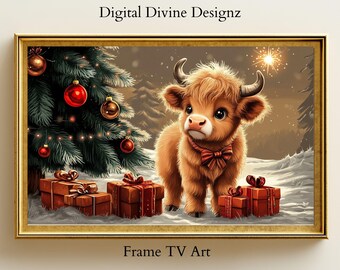 Samsung Frame TV Art, Baby Highland Cow, Winter Scene Art, Moody Christmas Art, Instant Download, Snowy Mountains, Digital Download