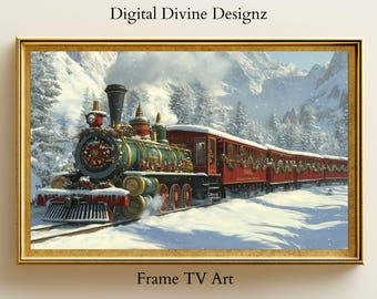 Samsung Frame TV Art, Christmas Train Art, Vintage Christmas Art, Moody Christmas Art, Snowy Mountains, Digital Download