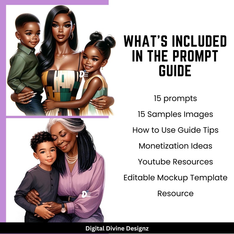 Pu&ograve; includere: Una guida di prodotto digitale con uno sfondo viola e testo che dice "What's Included in the Prompt Guide". La guida include 15 prompt, 15 immagini di esempio, suggerimenti su come utilizzare la guida, idee di monetizzazione, risorse di YouTube, un modello di mockup modificabile e una risorsa.
