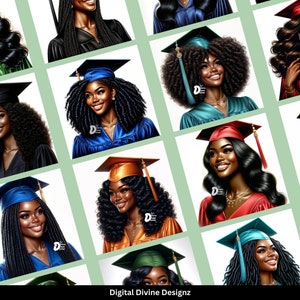 May include: A collage of nine images featuring Black women wearing graduation caps and gowns in various colors, including blue, green, red, and orange. The women have different hairstyles, including braids, curls, and straight hair. The images are set against a light green background with the text "Digital Divine Designz" at the bottom.