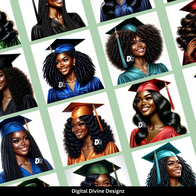 May include: A collage of nine images featuring Black women wearing graduation caps and gowns in various colors, including blue, green, red, and orange. The women have different hairstyles, including braids, curls, and straight hair. The images are set against a light green background with the text "Digital Divine Designz" at the bottom.