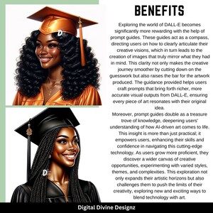 May include: Two illustrations of Black women wearing graduation caps and gowns. The text "BENEFITS" is at the top of the image. The text below the illustrations describes the benefits of using AI-powered art tools.