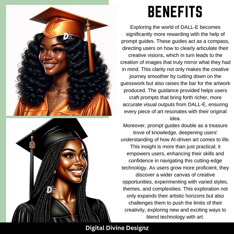 May include: Two illustrations of Black women wearing graduation caps and gowns. The text "BENEFITS" is at the top of the image. The text below the illustrations describes the benefits of using AI-powered art tools.