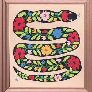 Snake Plant, Original Figurative Painting, Primitive, Naive, Vintage and Rustic, Bohemian and Eclectic, Art Brut, Folk Floral Animal