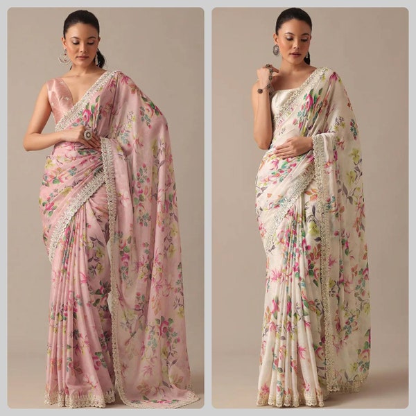 Énorme SAREE de style Bollywood d'inspiration SABYASACHI d'Anushka Sharma avec bordure épaisse, chemisier sari élégant sur mesure pour la réception et les fêtes