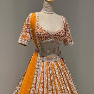 Designer Orange Malabri Silk Wedding Custom Stitched Lehenga choli for women, Dress for bride/Bridesmaid Dance Party Diwali Festivals image 3