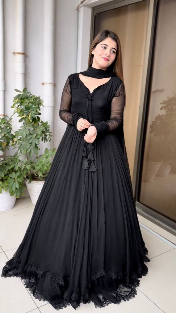 Buy Black Chinon Embroidered Gown With Dupatta Online At Zeel Clothing