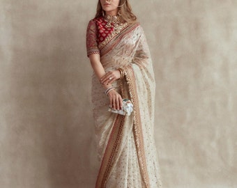 Beige Color Sabyasachi Designer Wedding Saree With Custom Stitched Blouse, Sabyasachi Saree wedding Saree Diwali saree Bollywood saree