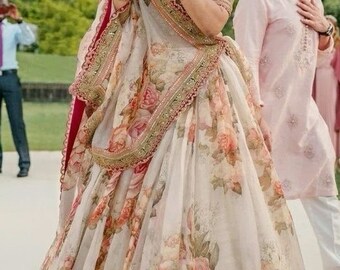 Cream Sabyasachi Lehenga Choli, Floral Designer Lehenga Digital Printed For Sangit Mehendi Indian Bride