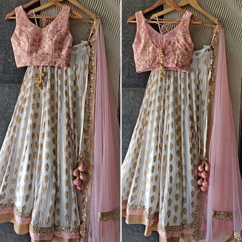 Floral Embellished Top With Lehenga, Linen Silk Light Pink Lehenga