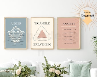 May include: Three printable posters with calming techniques for anger, anxiety, and breathing. The anger poster features a blue iceberg with words describing feelings associated with anger. The anxiety poster is pink with a list of grounding techniques. The breathing poster is beige with a triangle and instructions for breathing exercises.
