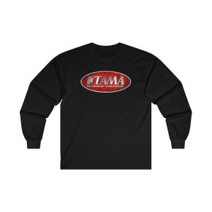 T-shirt nera a maniche lunghe da uomo con logo Tama Drum, taglia dalla S alla 2XL