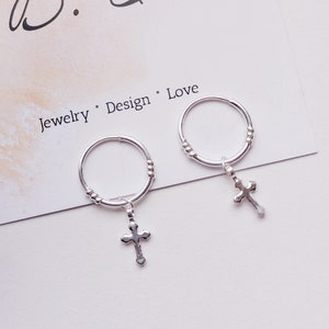 999 zilveren oorringen met kruis, maanster, zirkonia, minimalistische fijne zilveren oorstekers afbeelding 2