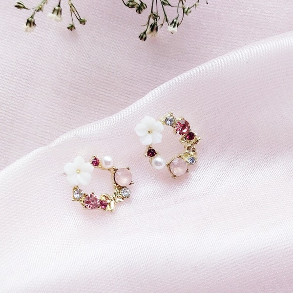 Pink Floral CZ Earrings with 925 Sterling Silver Pins, Butterfly Flower Earrings with Zirkonia in Gold