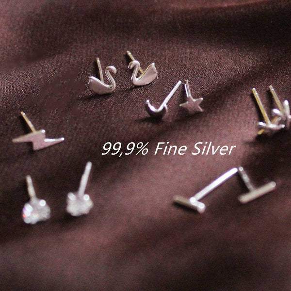 999 silver ear studs moon star lightning, swan, cross, minimalist ear studs made of fine silver