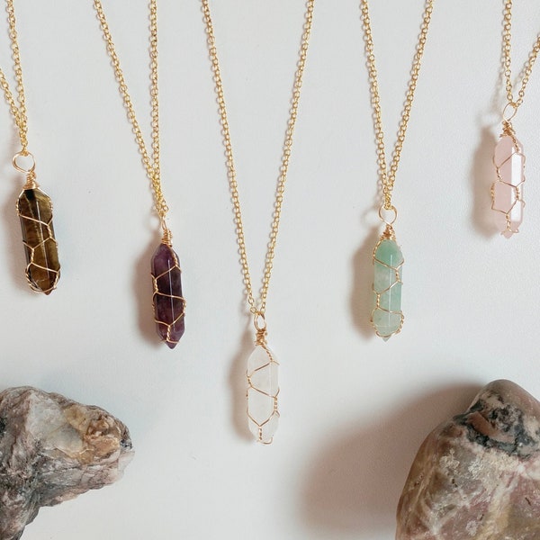 Raw crystal necklace, Wire Wrapped Crystal Necklace, Clear Quartz Crystal Point Necklace, birthstone necklace, golden silver crystal