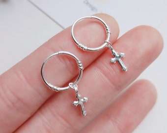 999 silver hoop earrings cross, moon star, zirconia, minimalist ear studs made of fine silver