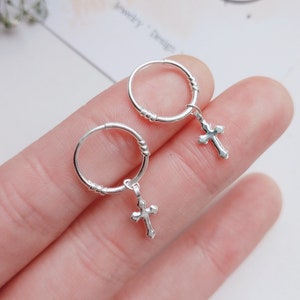 999 silver hoop earrings cross, moon star, zirconia, minimalist ear studs made of fine silver