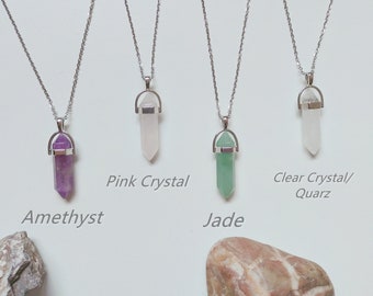 Jetzt mit Edelstahlkette Kristall Punkt Halskette, Draht Kristall Halskette, Clear Quartz Crystal Point Halskette, Birthstone Halskette