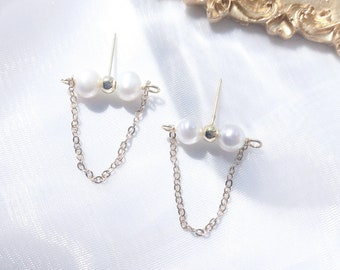 Freshwater Pearl Earrings with 925 Sterling Silver Pin, Chain Earrings in Gold