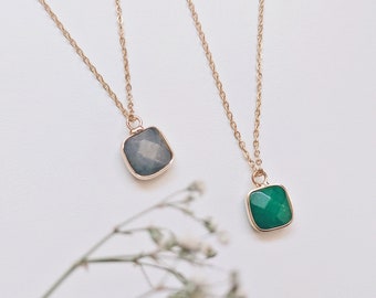 Jade Labradorite crystal necklace with square pendant , Raw crystal necklace with stainless steel chain
