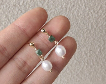 Freshwater Pearl Green Crystal Earrings with 925 Sterling Silver Pin, Hoop Earrings in Gold