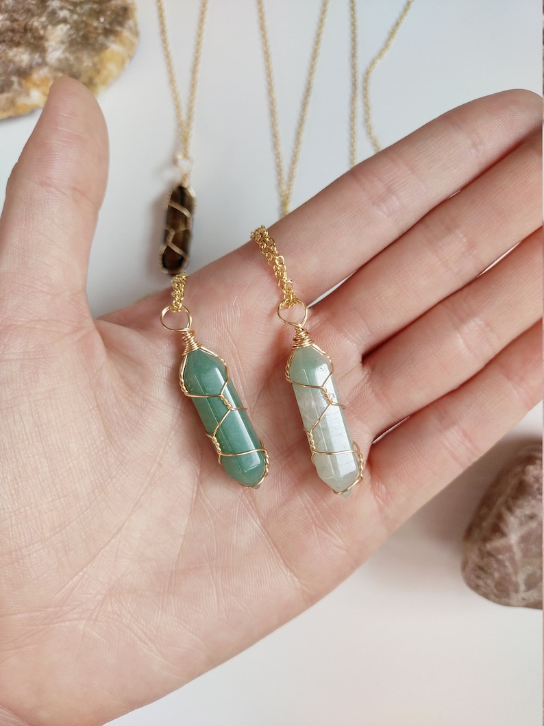 Raw crystal necklace, Wire Wrapped Crystal Necklace, Clear Quartz Crystal Point Necklace, birthstone necklace, golden silver crystal Jade