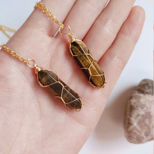 Raw crystal necklace, Wire Wrapped Crystal Necklace, Clear Quartz Crystal Point Necklace, birthstone necklace, golden silver crystal Tiger's eye