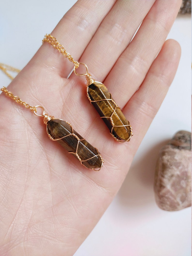 Raw crystal necklace, Wire Wrapped Crystal Necklace, Clear Quartz Crystal Point Necklace, birthstone necklace, golden silver crystal Tiger's eye