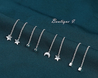 Butterfly Moon Star Threader Earrings 999 Fine Silver, 999 Pure Silver, Bar Chain Earrings, Cartilage Chain Earrings