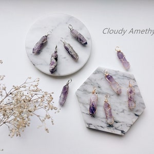 Raw crystal necklace, Wire Wrapped Crystal Necklace, Clear Quartz Crystal Point Necklace, birthstone necklace, golden silver crystal Cloudy Amethyst