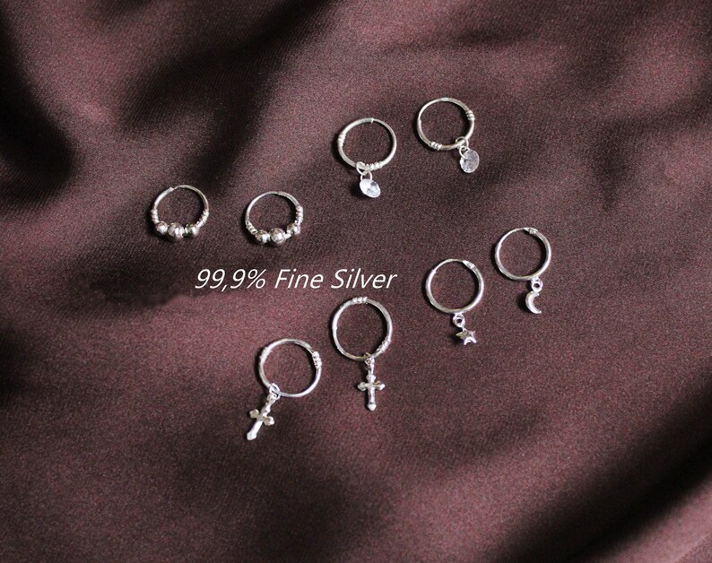 999 zilveren oorringen met kruis, maanster, zirkonia, minimalistische fijne zilveren oorstekers afbeelding 3