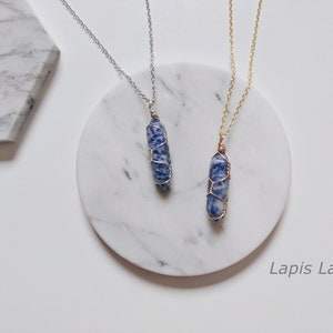 Kristallen puntketting met roestvrijstalen ketting, draadkristalketting zilver, bergkristallen puntketting, geboortesteenketting Lapis lazuli