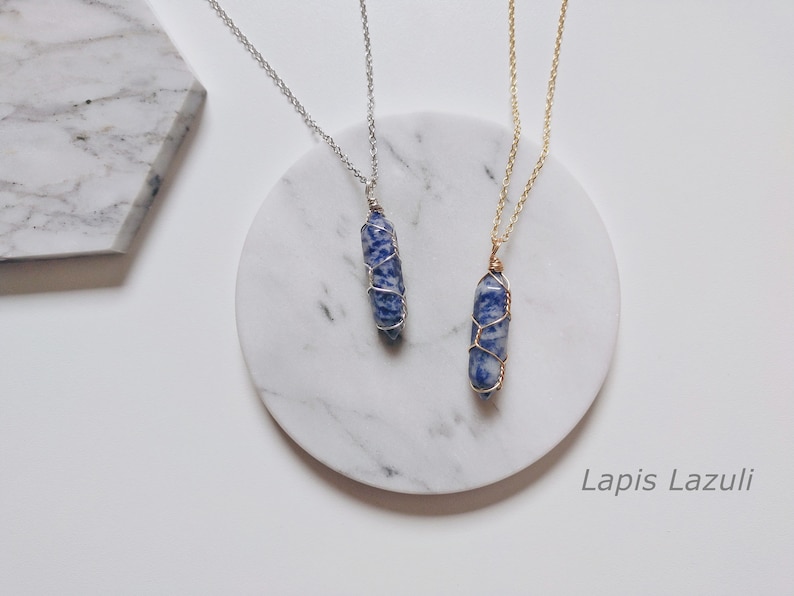 Kristallen puntketting met roestvrijstalen ketting, draadkristalketting zilver, bergkristallen puntketting, geboortesteenketting Lapis lazuli