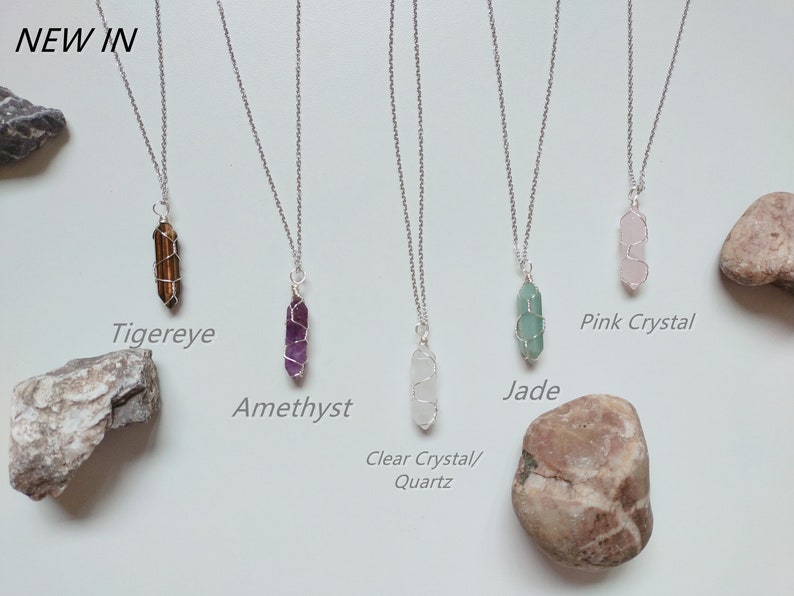 Raw crystal necklace, Wire Wrapped Crystal Necklace, Clear Quartz Crystal Point Necklace, birthstone necklace, golden silver crystal image 2