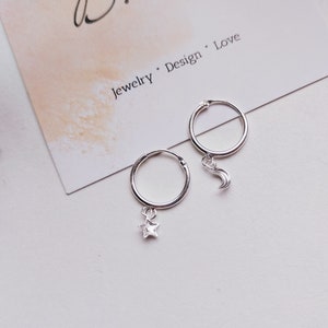 999 zilveren oorringen met kruis, maanster, zirkonia, minimalistische fijne zilveren oorstekers afbeelding 8