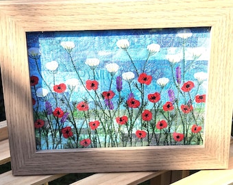 Delightful Framed Floral Fabric Collage Poppies