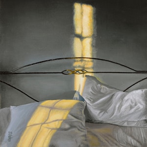 A painting of a channel of yellow light falling on bedclothes.