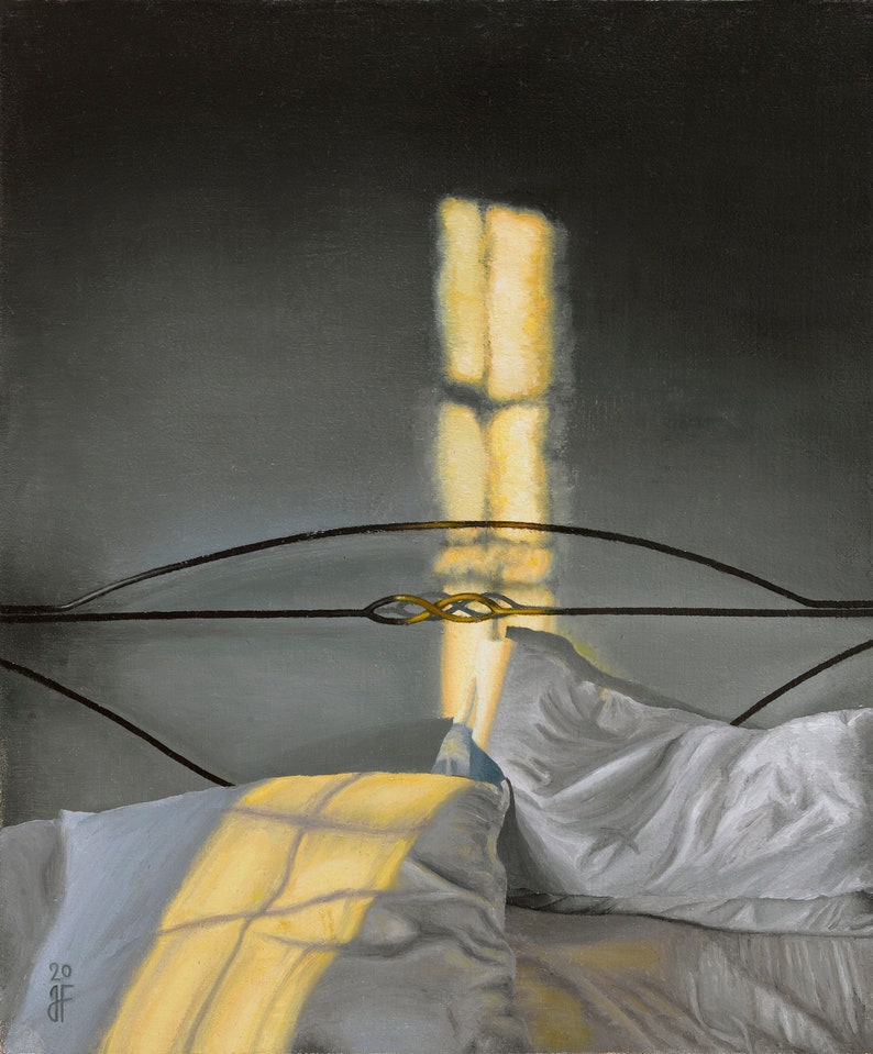A painting of a channel of yellow light falling on bedclothes.