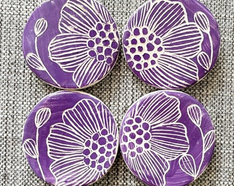 4 Ceramics Magnets,Purple Floral Design Fridge Magnet set of 4, Clay, Flowers