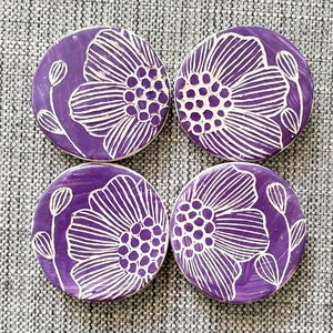 4 Ceramics Magnets,Purple Floral Design Fridge Magnet set of 4, Clay, Flowers image 1