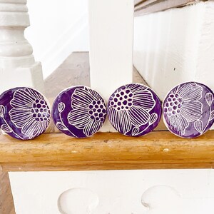 4 Ceramics Magnets,Purple Floral Design Fridge Magnet set of 4, Clay, Flowers image 2