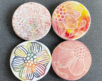 Set of 4 Ceramics Floral Handmade Magnets, Fridge Magnet, Clay, Flowers, Colorful