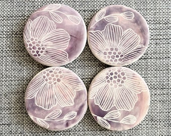 4 Ceramics Magnets, Purple Pink Floral Design Fridge Magnet set of 4, Clay, Flowers